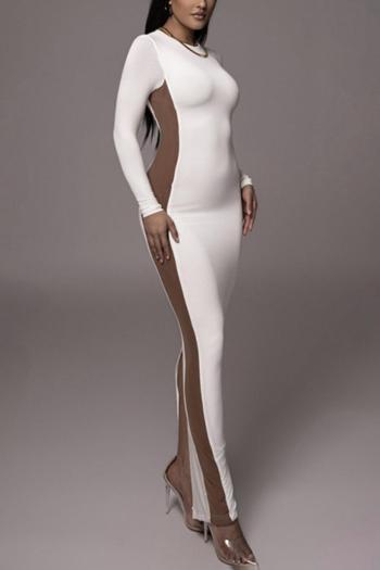 Sexy slight stretch contrast color crew neck slim slit maxi dress