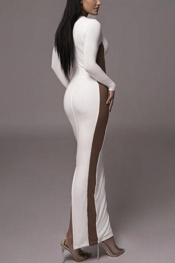 Sexy slight stretch contrast color crew neck slim slit maxi dress