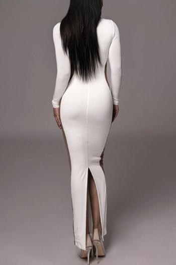 Sexy slight stretch contrast color crew neck slim slit maxi dress