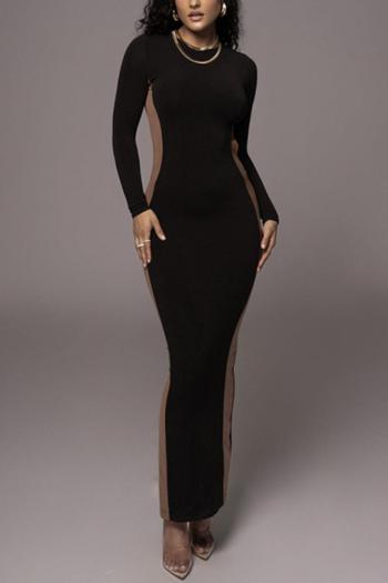 Sexy slight stretch contrast color crew neck slim slit maxi dress
