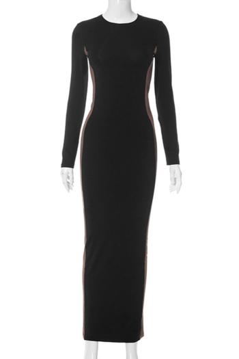 Sexy slight stretch contrast color crew neck slim slit maxi dress