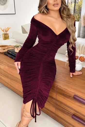 sexy plus size slight stretch velvet solid color off shoulder midi dress
