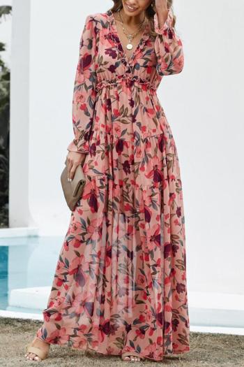 sexy non-stretch chiffon deep v-neck floral batch printing maxi dress