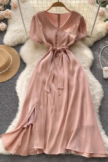 casual non-stretch solid color v-neck with belt zip-up slit midi dress