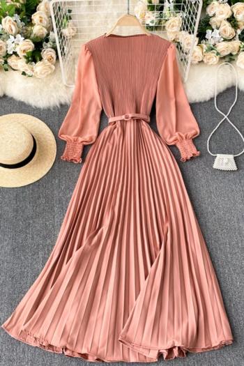 casual non-stretch solid color with belt crew neck pleated maxi dress