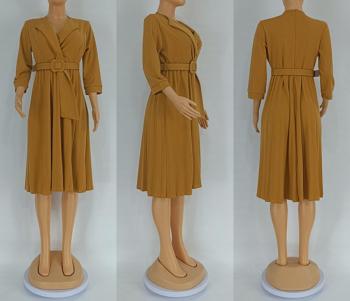 Stylish plus size non-stretch 5 colors suit collar with belt midi dress