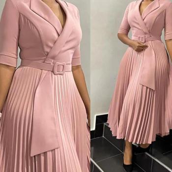 Stylish plus size non-stretch 5 colors suit collar with belt midi dress