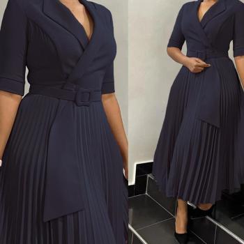 Stylish plus size non-stretch 5 colors suit collar with belt midi dress