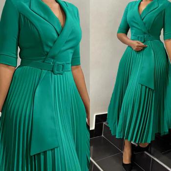 Stylish plus size non-stretch 5 colors suit collar with belt midi dress