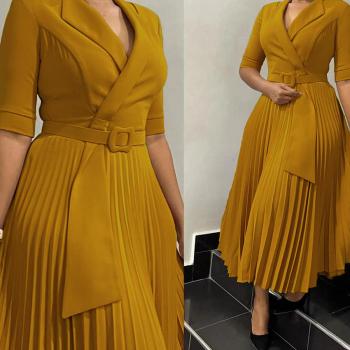 Stylish plus size non-stretch 5 colors suit collar with belt midi dress