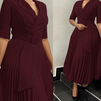 Stylish plus size non-stretch 5 colors suit collar with belt midi dress
