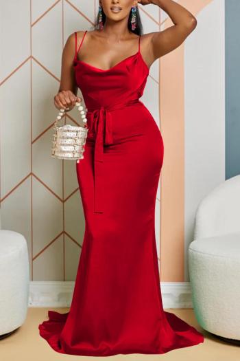 sexy plus size non-stretch solid sling backless zip-up belt satin maxi dress