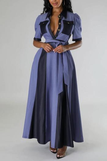 casual plus size non-stretch contrast color pocket belt maxi dress