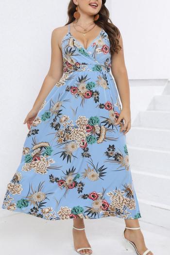 stylish plus size non-stretch floral batch printing cross sling slit maxi dress