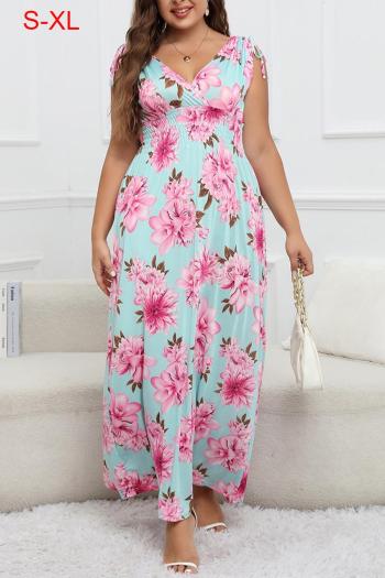 casual slight stretch floral batch printing v-neck loose maxi dress