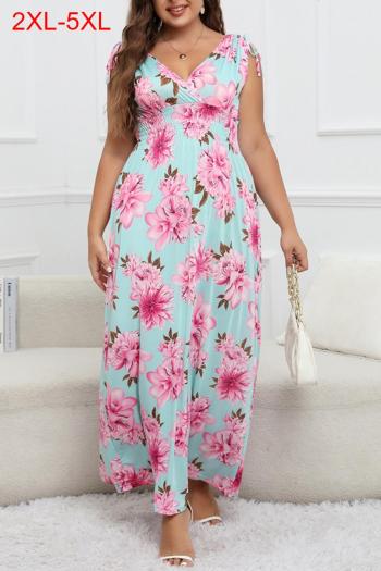 casual plus size slight stretch floral batch printing v-neck loose maxi dress