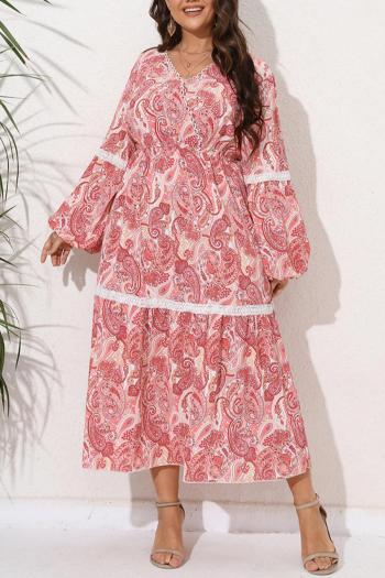 bohemian plus size non-stretch batch printing long sleeve midi dress#1