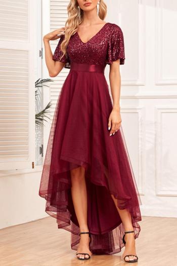 elegant non-stretch sequins mesh patchwork zip-up irregular maxi evening dress