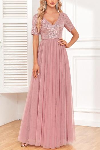 elegant non-stretch sequins mesh patchwork zip-up maxi evening dress