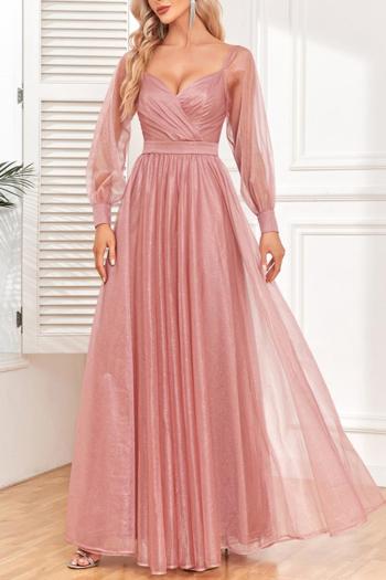elegant non-stretch mesh patchwork zip-up long sleeves maxi evening dress