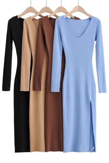 sexy solid color stretch v-neck stylish split knitting midi dress