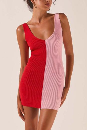 sexy slight stretch color-block knitted v-neck backless bodycon mini dress