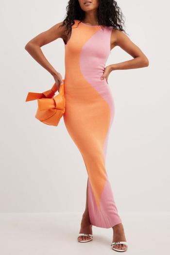 sexy slight stretch color-block knitted backless slit slim maxi dress