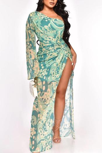 sexy plus size non-stretch batch printing one shoulder kink high slit maxi dress