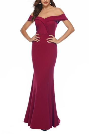 elegant plus size slight stretch solid off-shoulder slit maxi evening dress