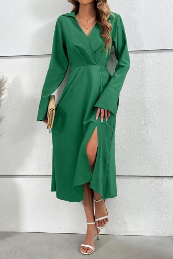 Casual non-stretch simple solid color v-neck slit midi dress