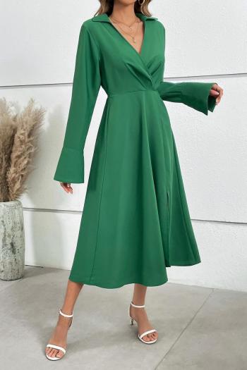 Casual non-stretch simple solid color v-neck slit midi dress