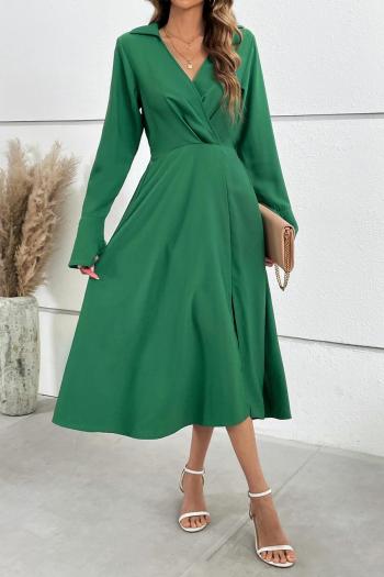 Casual non-stretch simple solid color v-neck slit midi dress