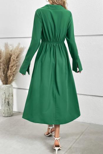 Casual non-stretch simple solid color v-neck slit midi dress