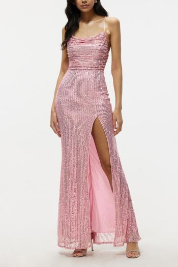 sexy slight stretch solid color high slit sequins sling backless maxi dress