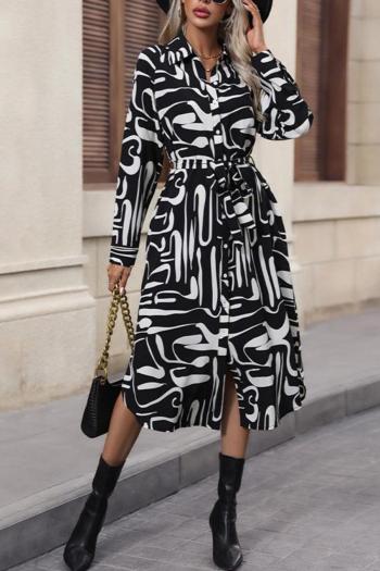 casual non-stretch single breasted batch printing loose with belted midi dress