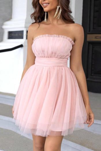 elegant non-stretch solid color strapless mesh pleated mini dress