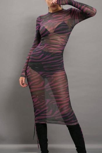 sexy slight stretch printing mesh see through midi dress(without underwear)