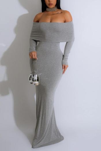 sexy plus size slight stretch simple solid off-shoulder long-sleeved maxi dress