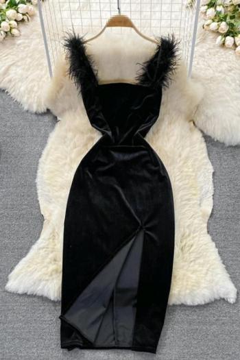 sexy slight stretch velvet feather decor zip-up slit midi dress