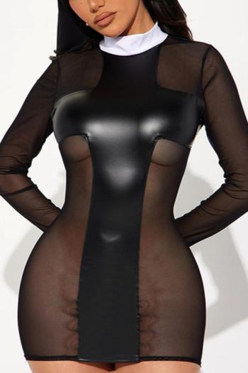 sexy slight stretch stitching see-through mesh slim mini dress
