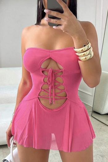 sexy slight stretch solid color tube design hollow lace-up mini dress