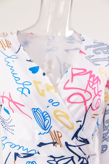 Sexy plus size slight stretch letter batch printing graffiti v-neck mini dress