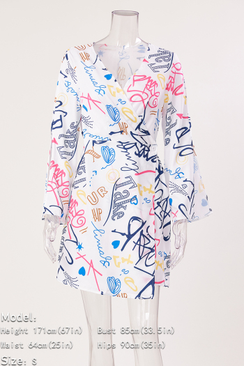 Sexy plus size slight stretch letter batch printing graffiti v-neck mini dress