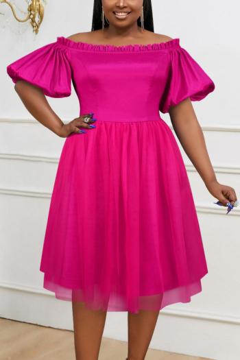 casual plus size slight stretch solid color off shoulder puff sleeve midi dress