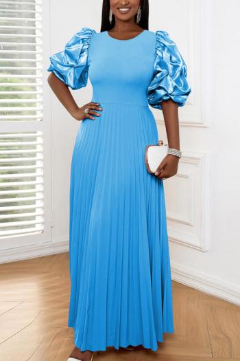 casual plus size slight stretch solid color crew neck pleated maxi dress
