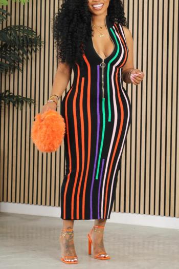 sexy plus size slight stretch slim striped printed zip-up midi dress
