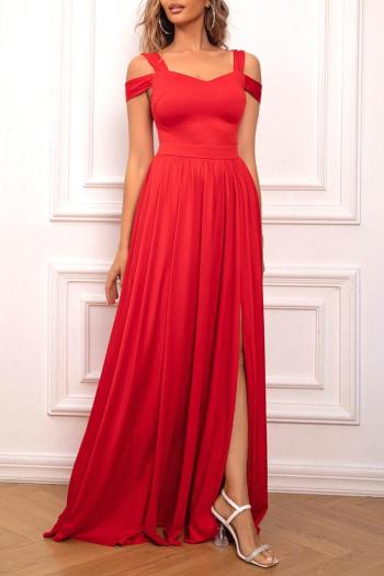 elegant non-stretch solid color sling high slit zip-up maxi dress