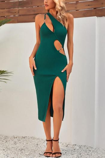 sexy slight stretch solid color one shoulder hollow slit midi dress