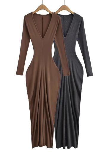 high stretch deep v-neck pure color pleated sexy slim maxi dress size run small