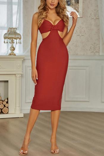 sexy slight stretch solid color hollow sling slit mid dress